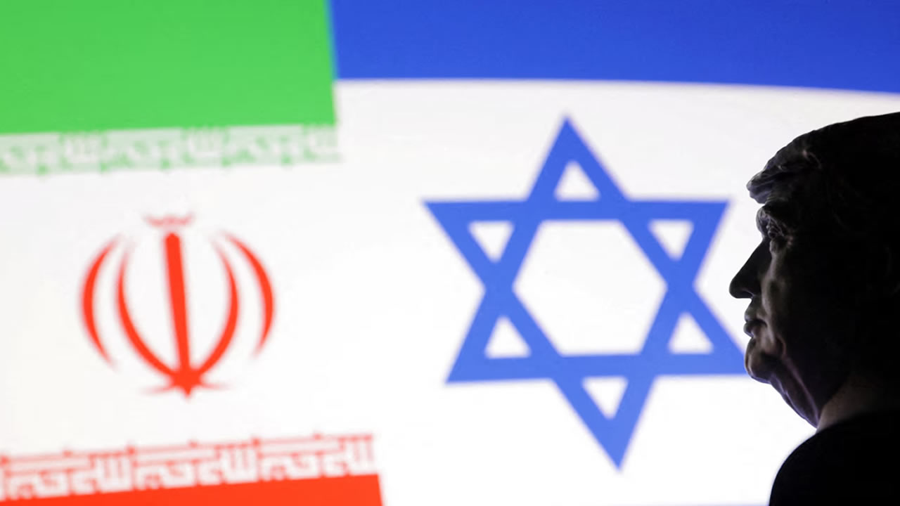 A 3D printed miniature model of U.S. President Donald Trump, Israel and Iran flags are seen in this illustration