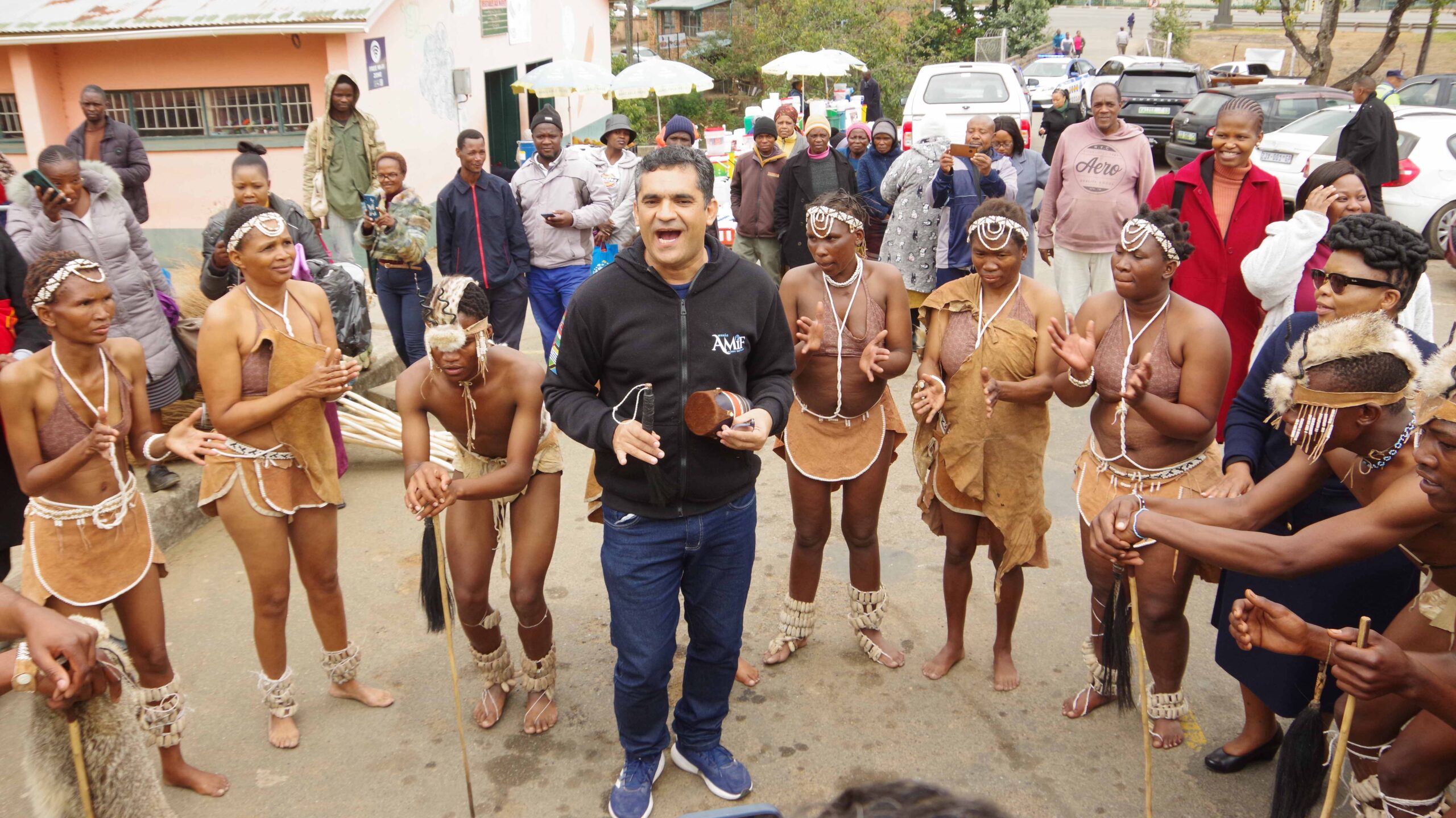 Ronaldo Cabral from miss Brasil AMIF, Brazil, adding a beat to the Khoisan music while they danced.