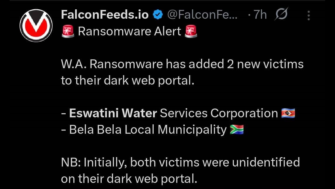 An electronic notice sending an alert that WA ransomware has listed the EWSC and Bela-Bela Municipality as targets.