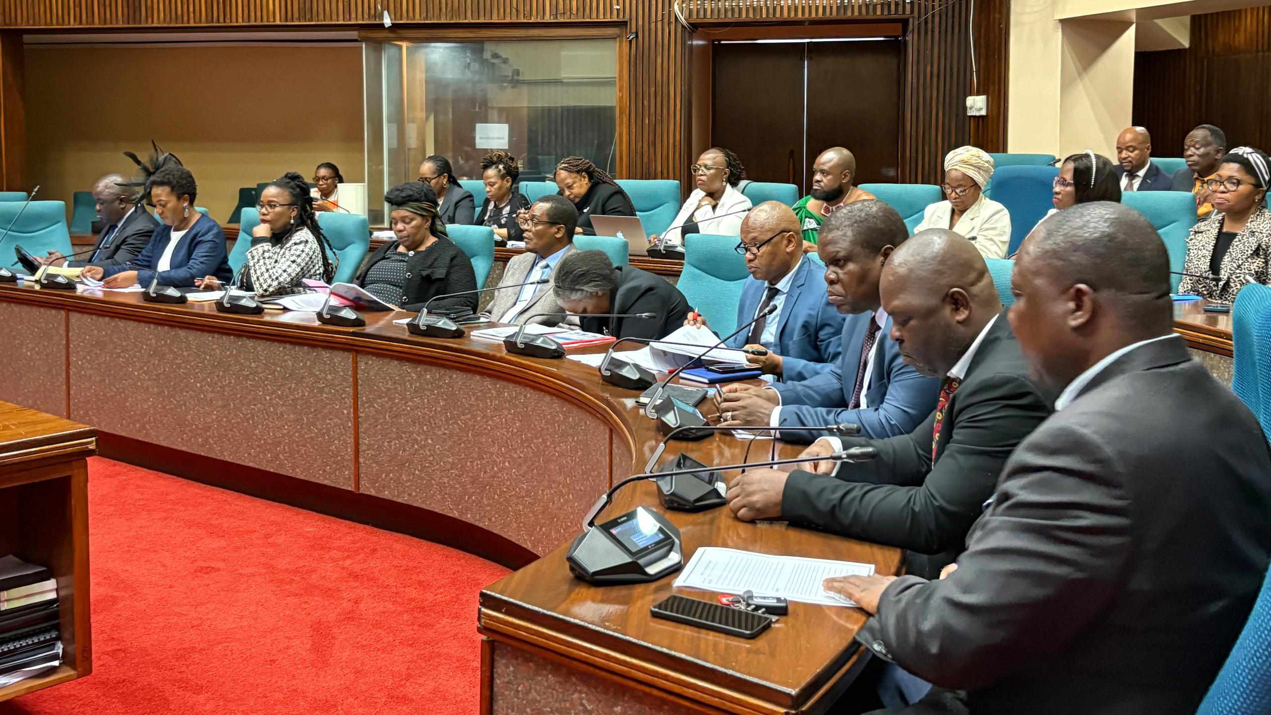 Officials from the Ministry of Education and Training following proceedings in Parliament.