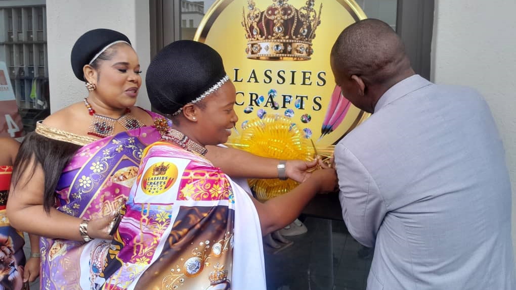The official launch of the Lassies Craft Store by Senator Linda Nxumalo, Lwazi Mlambo, the owner of the Lassies Craft Store and the Minister for Sports, Culture and Youth Affairs Bongani Nzima.