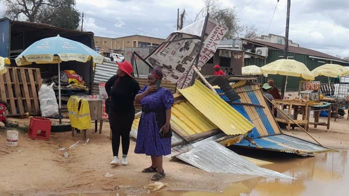 One of the mobile money spaza shop which was damaged by the wind at Buhleni town.