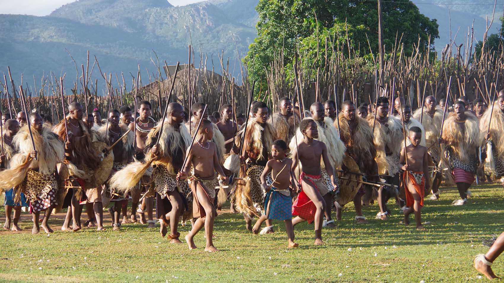 Warriors during kuhlehla, which is part of the traditional dance.