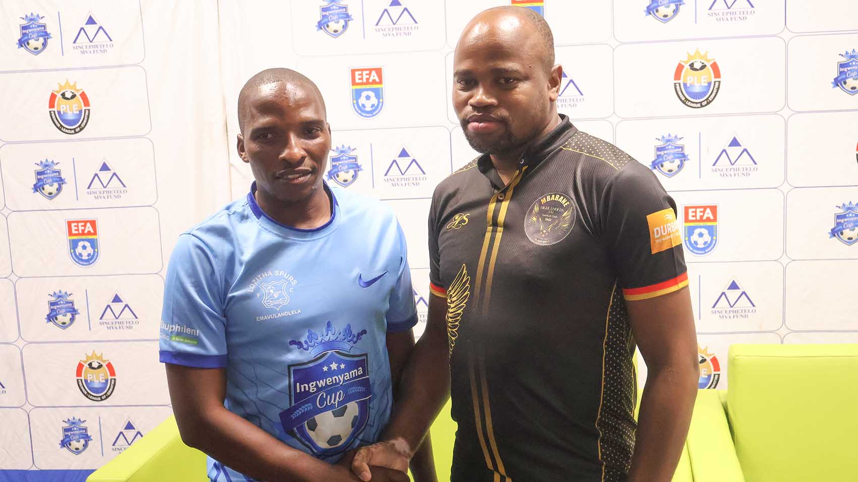 A handshake seals the moment as Lozitha Spurs PRO Nkosinathi Lushaba and Mbabane Highlanders’ Sifiso ‘Zwide’ Ndwandwe acknowledge their pairing during the cup draw. (Pic: Sanele Jele)