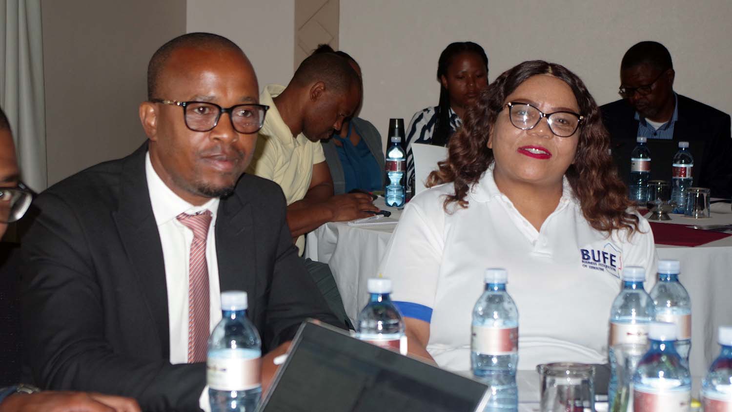 Deputy Director International Trade in the Ministry of Commerce, Industry and Trade Muntu Almeida (L) and Business Federation of Eswatini President Thulisile Dladla.