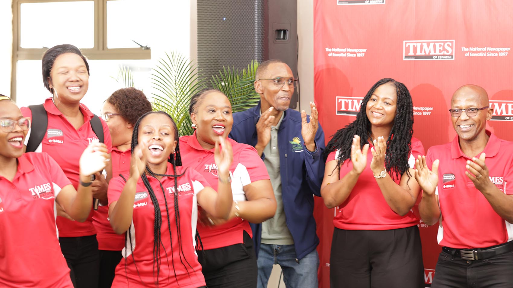 Times of Eswatini staff erupt in ululation and cheers to celebrate the historic unveiling of the Times Half Marathon. Joining the celebrations at Ramblas Restaurant are Ezulwini Municipal CEO Mathokoza Shongwe, e-Mali CEO Nozipho Dlamini and Times MD Martin Dlamini.