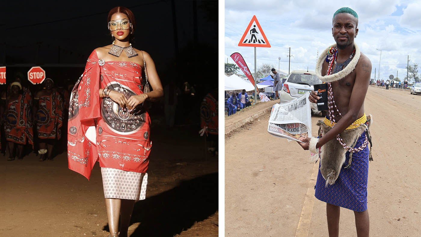 Model Coralee Vilakati at Hlane Royal Residence for the annual Buganu Ceremony. (R) MC Bayanda Ngcamphalala carrying a copy of Eswatini News. (Pics: Neliswa Sibiya)