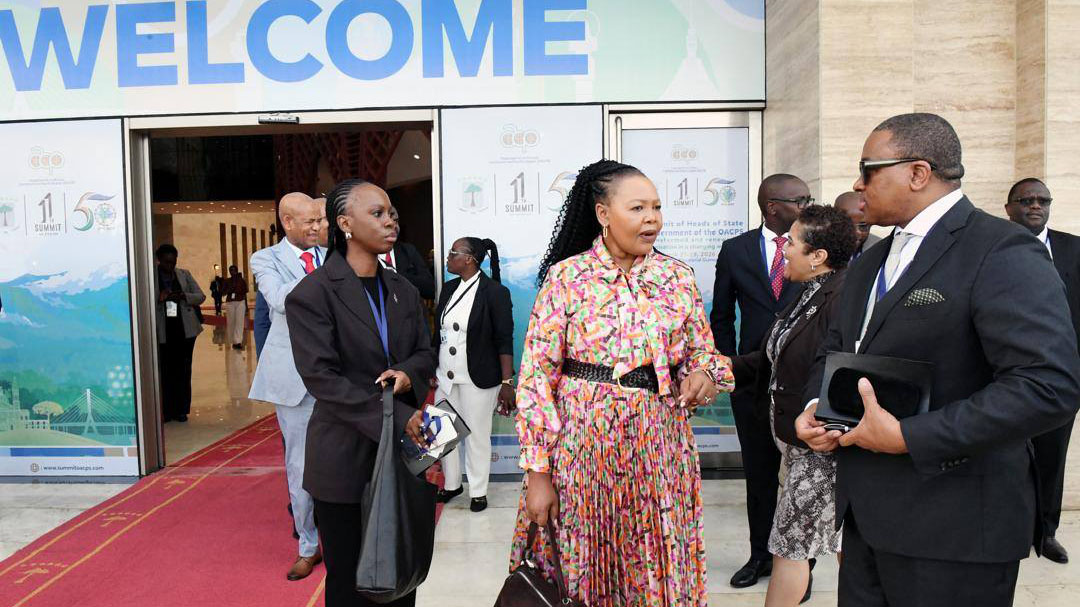 Foreign Affairs Minister Pholile Shakantu and Eswatini Permanent Representative to the European Union Sibusisiwe Mngomezulu in brief deliberations after the closing session of the 11th OACPS Summit yesterday.