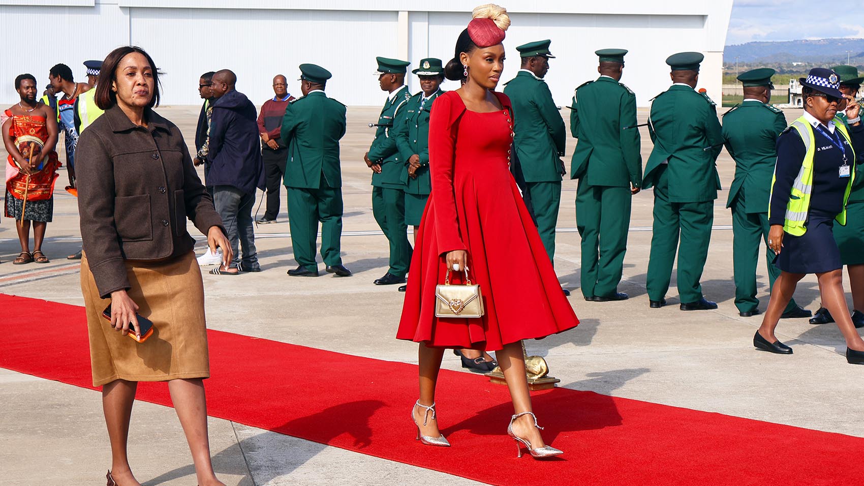 Inkhosikati LaMashwama accompanied His Majesty King Mswati III during the royal departure at the King Mswati III International Airport yesterday.