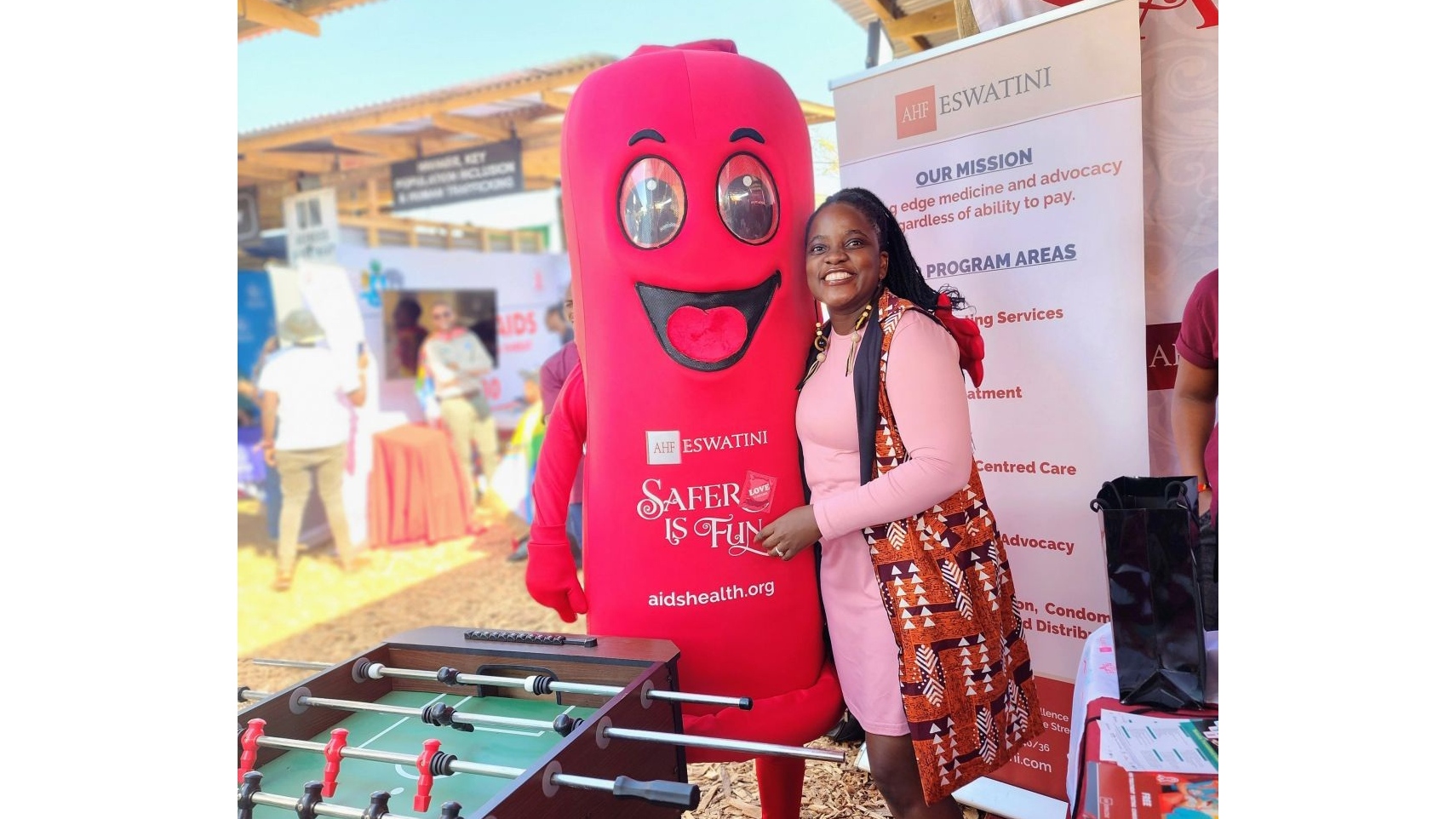 Spreading the message with a smile u2013 AHF Eswatiniu2019s mascot promoting safer sex during a community outreach event.