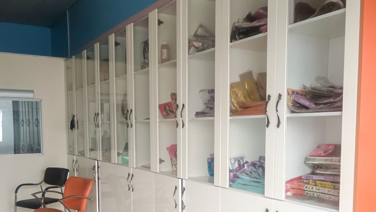 Some of the products in the shelving units that is part of the commercial infrastructure.