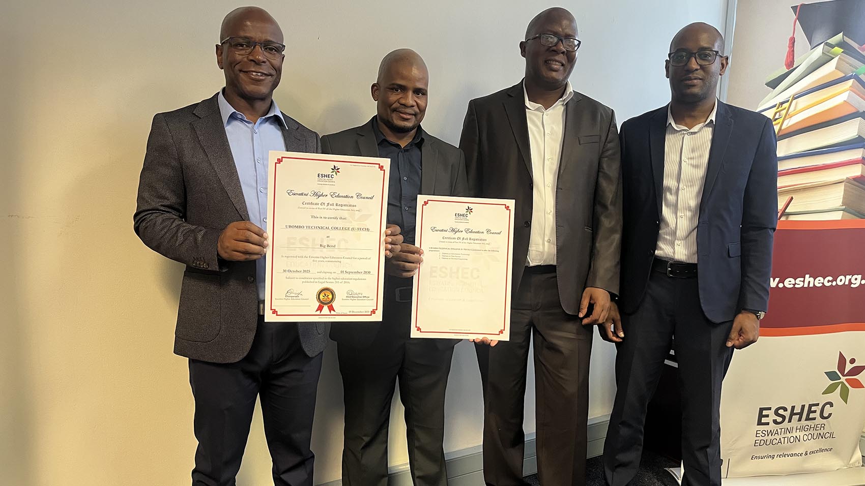 Dr Lungile Howe, Leonard Ndzimandze, Goodwill Nkabinde and William Sukati hold the U-Tech accreditation certificates. (Courtesy pics)