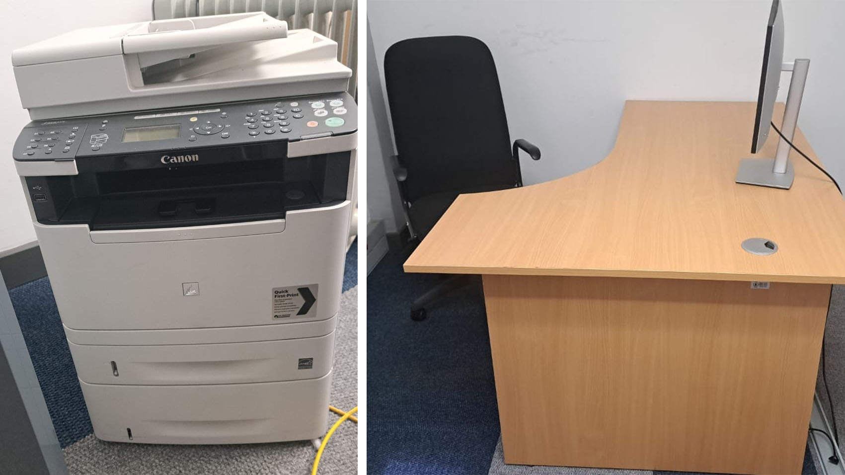 (L-R) This Canon printer will be sold to the highest bidder on auction day. An office desk also on offer.