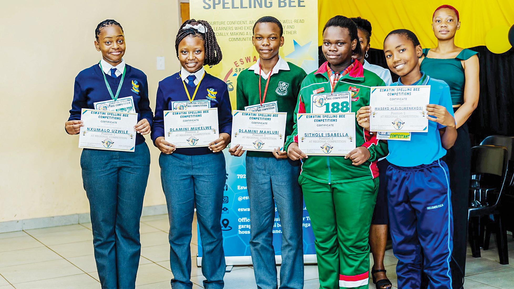 The Top 5 winners (Ages 11u201314) from the Eswatini Spelling Bee Competition held on March 19, 2026 at FEA Helemisi Pre and Primary School.