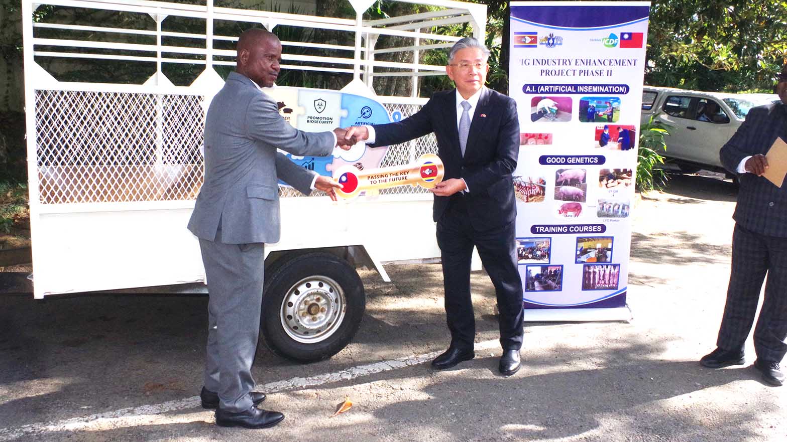 Minister Tshawuka receiving equipment on behalf of farmers from the Taiwan Embaasy presented by Ambassador Jeremy Liang.