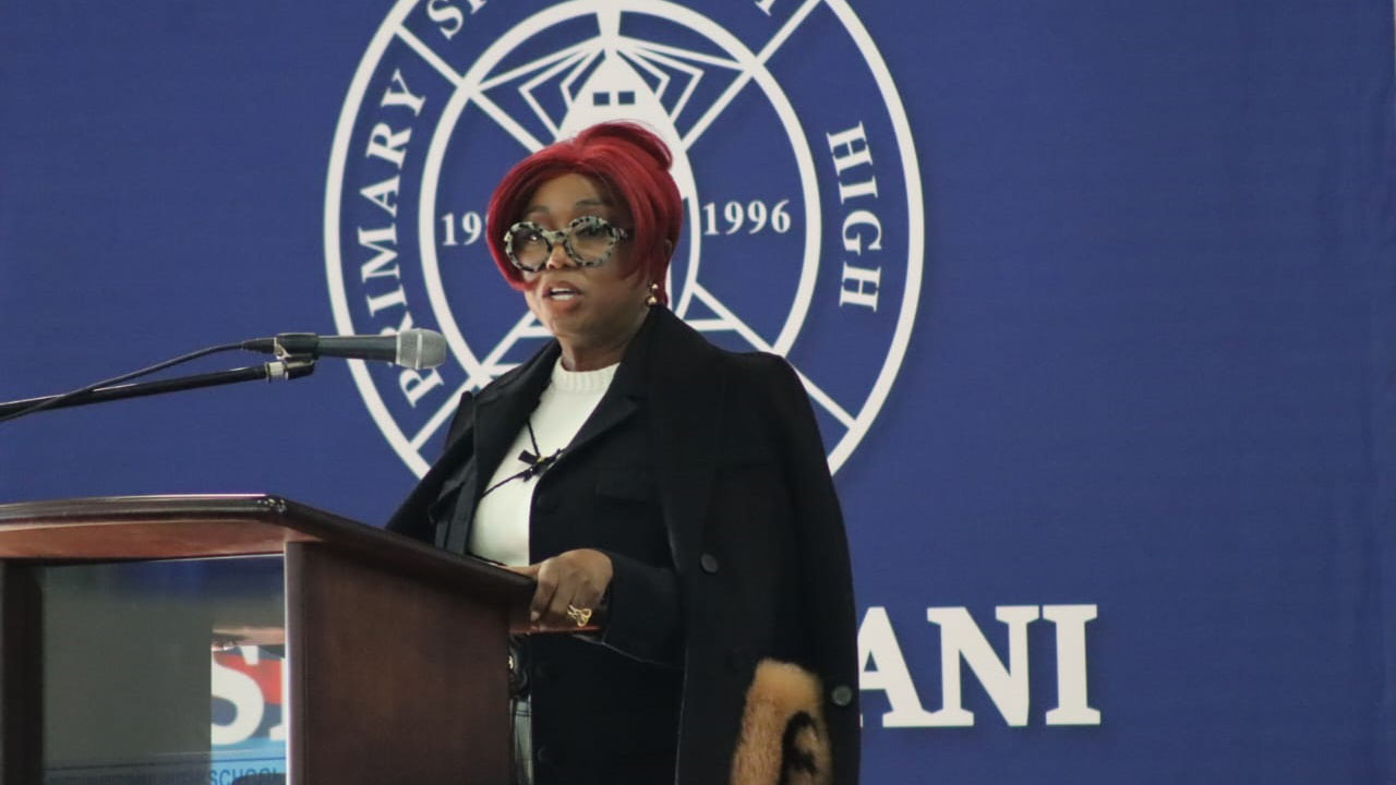 ICT Minister Savannah Maziya delivers her address on space technology and digital sovereignty at the podium.