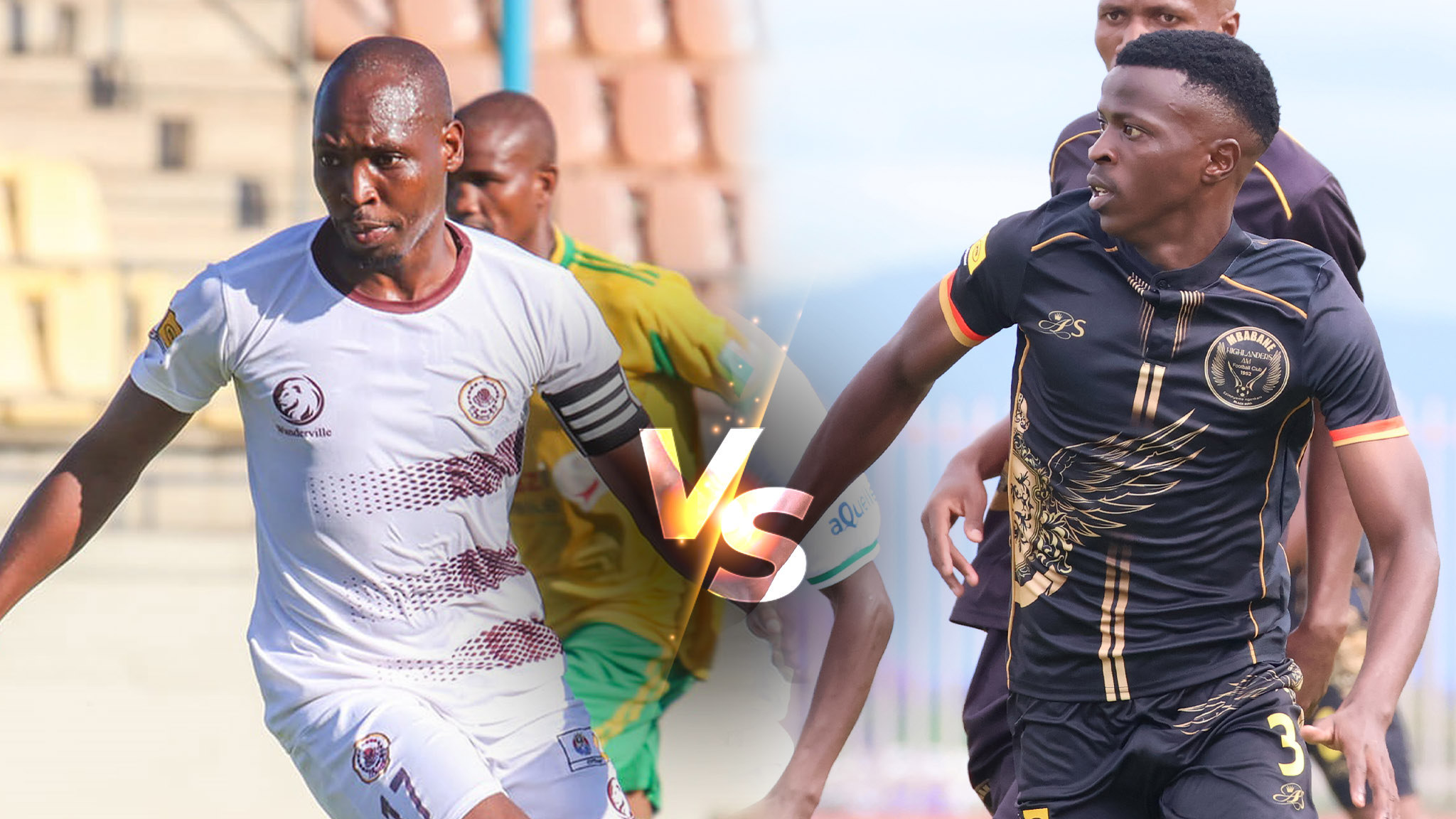 Manzini Wanderers Mlamuli ‘Mlaba’ Nkambule (L) and Mbabane Highlanders’ Siyabonga Mkhonto. (Courtesy pic)