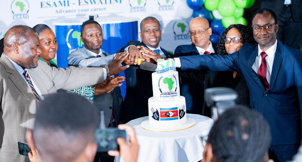 ESAMI executive leadership team joined by guests to cut the cake, marking 50 years of excellence in Eswatini.