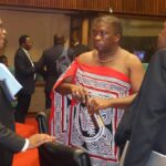 Ministry of Health Principal Secretary, Khanya Mabuza (L) iin a conversation with Public Accounts Committee (PAC) Chairman and Mhlangatane MP Madala Mhlanga (C) while PAC Clerk at Table Arthur Mordaunt looks on. (Pic: Sabelo Majola)