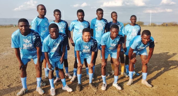 Young Heroes players sporting their new kit, courtesy of Sicalisa Foundation at KaLanga Sports Ground.