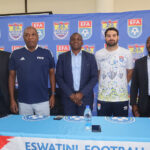 (L-R) EFA Technical Director Bhekisisa ‘Bizzah’ Mkhonta, FIFA Regional Technical Consultant Serame Letsoaka, EFA CEO Frederick Mngomezulu, Spain coach Tomeu Perello Palou and EFA official Sanele Mavuso during the official unveiling. (