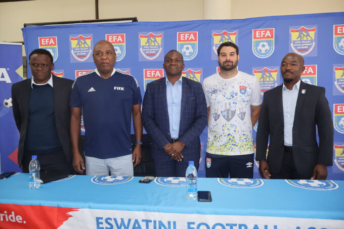 (L-R) EFA Technical Director Bhekisisa ‘Bizzah’ Mkhonta, FIFA Regional Technical Consultant Serame Letsoaka, EFA CEO Frederick Mngomezulu, Spain coach Tomeu Perello Palou and EFA official Sanele Mavuso during the official unveiling. (