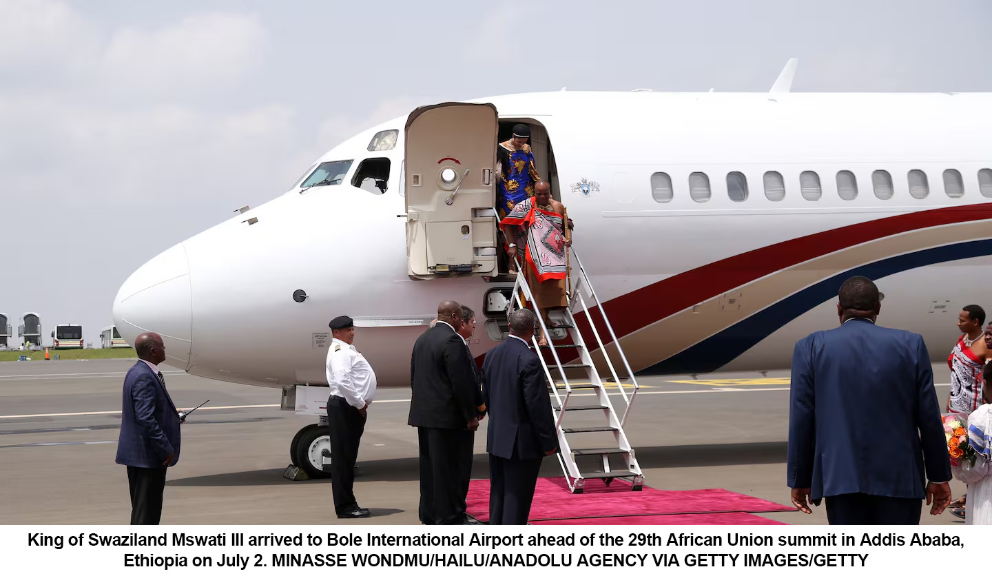The picture used alleging malfunctions of Siyinqaba is an archive photograph credited to Minasse Wondimu Hailu / Anadolu Agency via Getty Images. Its own caption states plainly that it was taken as the King arrived at Bole International Airport ahead of the 29th African Union Summit in Addis Ababa, Ethiopia, on July 2, 2017, an entirely different country, event and date. Using a recycled file image to stand in for Monday’s events is misleading, and it is a clear indicator that the report was fabricated.