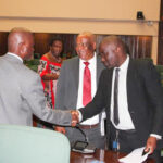 Minister of Agriculture Mandla Tshawuka having a light moment with the ministry portfolio Committee Chairperson MP Dr Bongikhosi Dlamini while MP Joseph Souza looks on. (File pic)