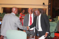 Minister of Agriculture Mandla Tshawuka having a light moment with the ministry portfolio Committee Chairperson MP Dr Bongikhosi Dlamini while MP Joseph Souza looks on. (File pic)