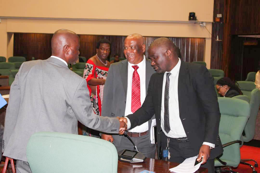 Minister of Agriculture Mandla Tshawuka having a light moment with the ministry portfolio Committee Chairperson MP Dr Bongikhosi Dlamini while MP Joseph Souza looks on. (File pic)