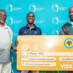 FNB Challenge Pre-qualifiers winner Mongiwetfu Masuku flanked by EPGA President Musa Mdluli and FNB Eswatini Head of Corporate & Commercial Investment Banking Ncamiso Dlamini during the prize presentation at Ezulwini Golf and Country Club.(Pic: Sanele Jele)