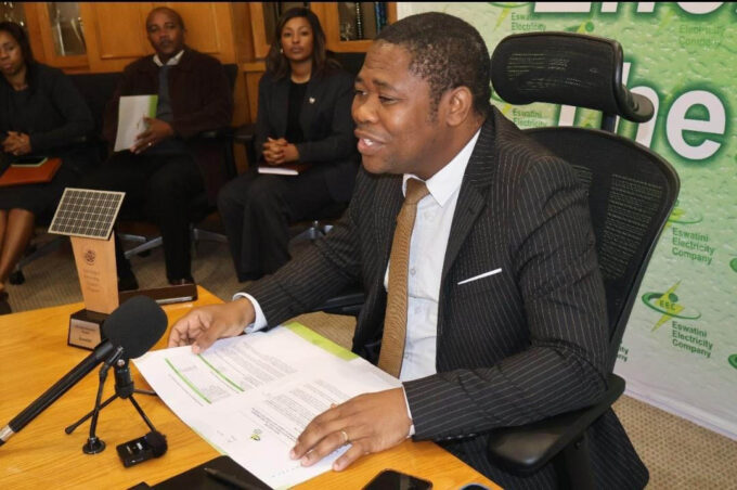 Eswatini Electricity Company Acting Managing Director Mphumuzi Maziya making his address during the press conference yesterday. (Pic: Sibusiso Shange)