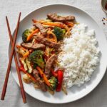 Beef and vegetable stir fry with rice