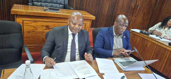 Chairperson of the Senate Finance Committer Senator Tony Sibandze seated with the committee's Clerk Sabelo Shabangu .