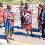 His Majesty (2nd L) with Minister for Public Works and Transport Chief Ndlaluhlaza Ndwandwe (2nd R)and Inyatsi Chairman Michelo Shakantu (R) during the tour of the completed road.