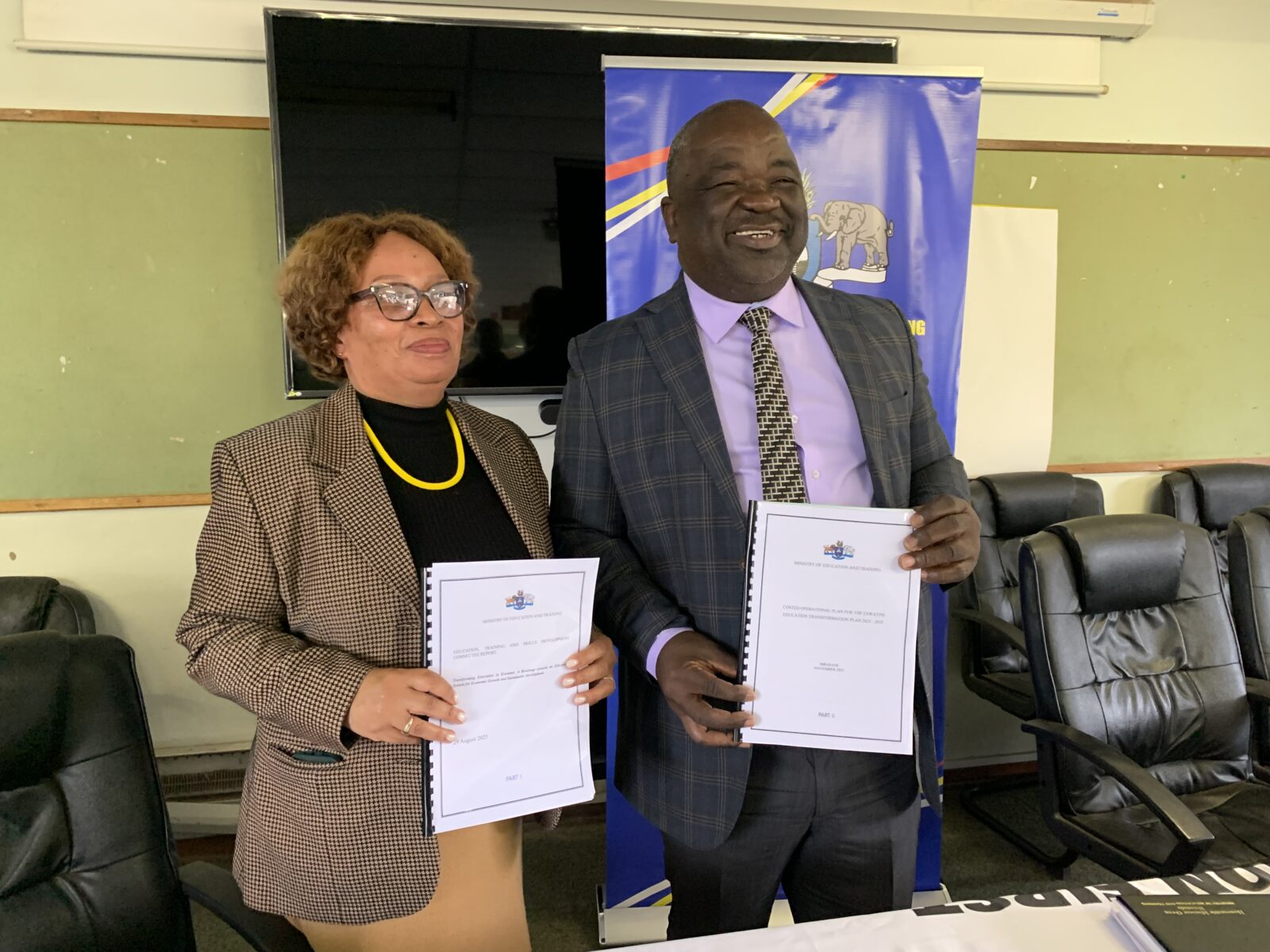 Minister for Education and Training Owen Nxumalo and Education, Training and Skills Development Committee Chairperson Tizzi Maphalala after briefing on the Committee’s report
