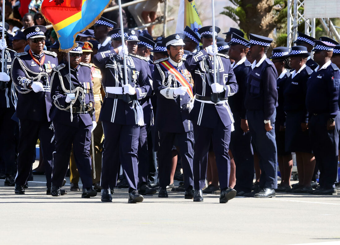 His Majesty King Mswati III inspects the guard of honour mounted by members of the Royal Eswatini Police Service (REPS) during the 23rd Police Day celebrations held at the Matsapha Police Academy yesterday.