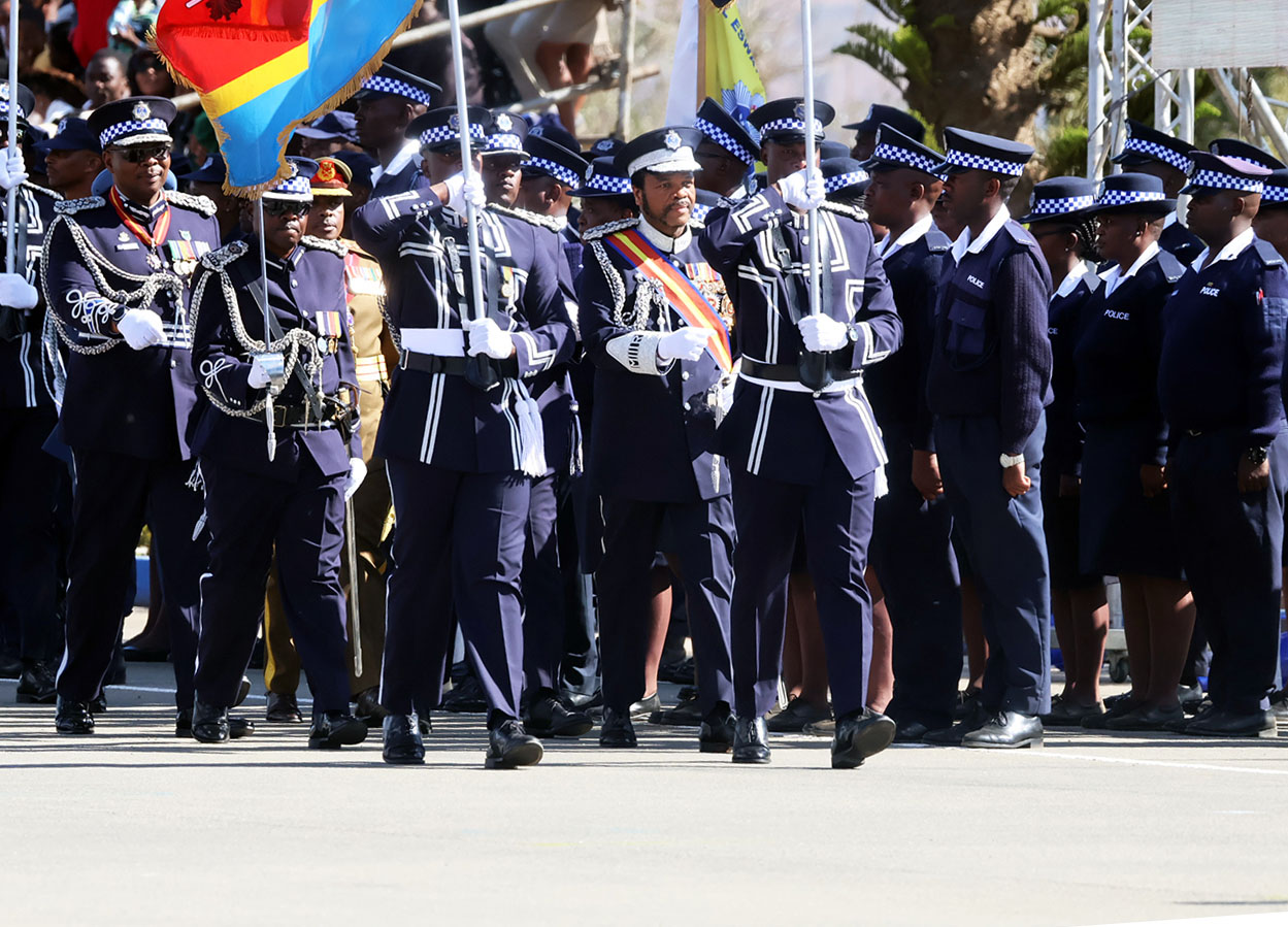 His Majesty King Mswati III inspects the guard of honour mounted by members of the Royal Eswatini Police Service (REPS) during the 23rd Police Day celebrations held at the Matsapha Police Academy yesterday.