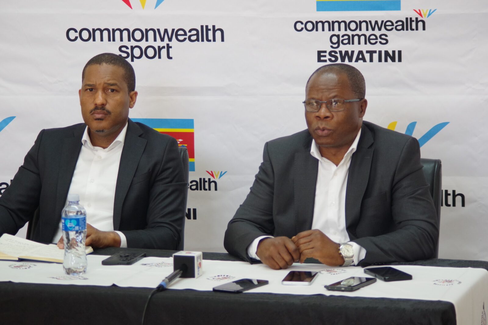 EOCGA Chief Executive Officer Maxwell Jele (L) and Team Eswatini Chef de Mission Zakhele Dlamini address the media during the Glasgow 2026 Commonwealth Games post-mortem press conference in Lobamba today. (Pic: Nimrod Hlophe)