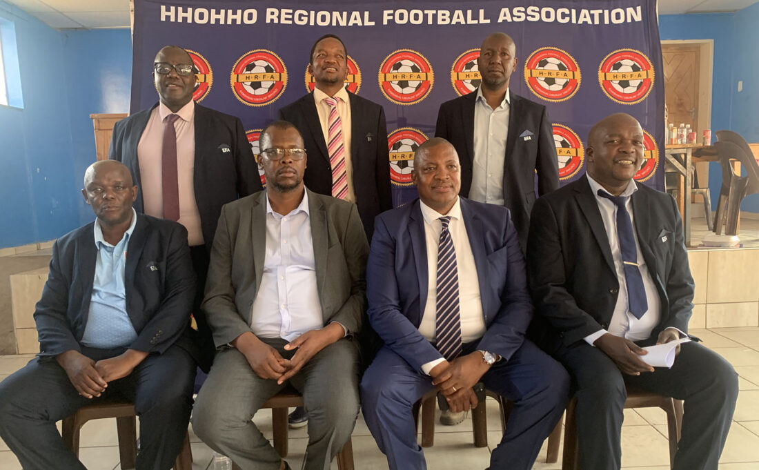 The HRFA Executive (excluding Nkosingiphile Shongwe (front, 2nd L) pose after an event,