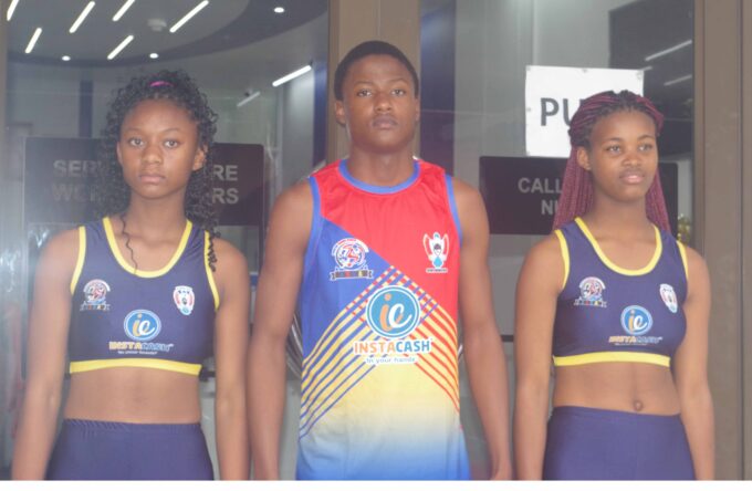 L-R: Siyamthanda Makhubula, Mnotfo Simelane and Ashely Dlamini parading the kits they will use during the 2026 COSSASA Games, courtesy of Instacash. (Pic: Nimrod Hlophe)
