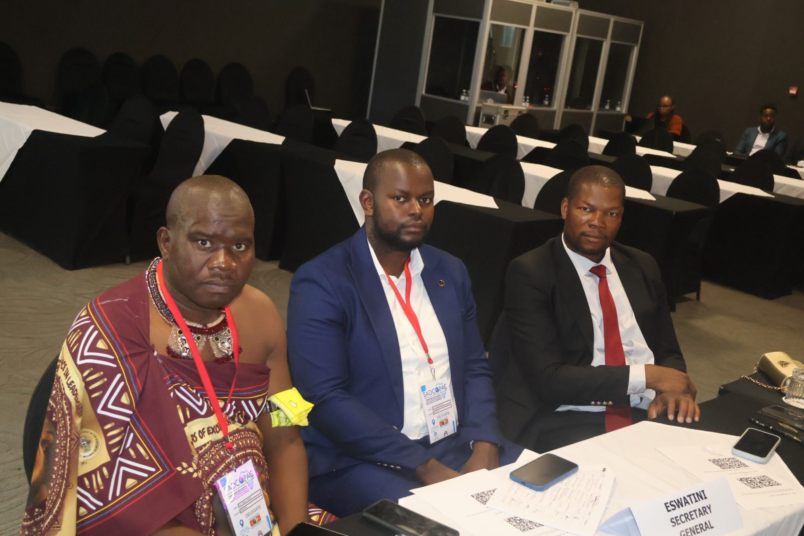 Eswatini Members of Parliament who are part of the Public Accounts Committee Magesi Dlamini, Ntando Mkhonta and Masiphula Mamba following the proceedings.
