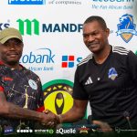 Nsingizini Hotspurs Coach Mandla Qhogi (L) shakes hands with his Scottland FC counterpart Norman Mapeza ahead of this afternoon's CAF Champions League opener in Harare, Zimbabwe. (Pic: Nsingizini Facebook)