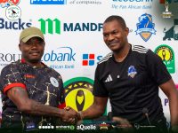 Nsingizini Hotspurs Coach Mandla Qhogi (L) shakes hands with his Scottland FC counterpart Norman Mapeza ahead of this afternoon's CAF Champions League opener in Harare, Zimbabwe. (Pic: Nsingizini Facebook)