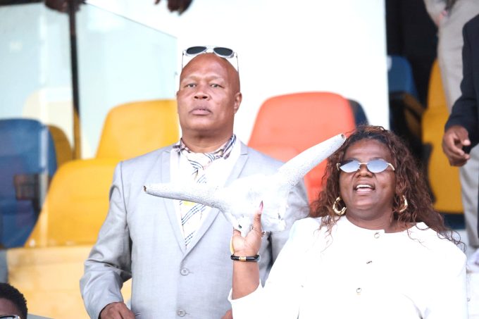 Mbabane Highlanders AM's General Manager Richard Makhoba joins the club President Shauwn 'MaMkhize' Mkhize in celebration of her first win in the Mbabane Derby in May 2026.