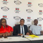 EOCGA Board Member Pearl Muir, CEO Maxwell Jele and Athletics Commission Chairperson Sibusiso ‘Swazibolt’ Matsenjwa during a press conference where the CEO announced Team Eswatini’s squad for the Dakar 2026 Youth Olympic Games.(Pic:Sanele Jele)