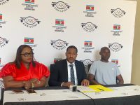 EOCGA Board Member Pearl Muir, CEO Maxwell Jele and Athletics Commission Chairperson Sibusiso ‘Swazibolt’ Matsenjwa during a press conference where the CEO announced Team Eswatini’s squad for the Dakar 2026 Youth Olympic Games.(Pic:Sanele Jele)