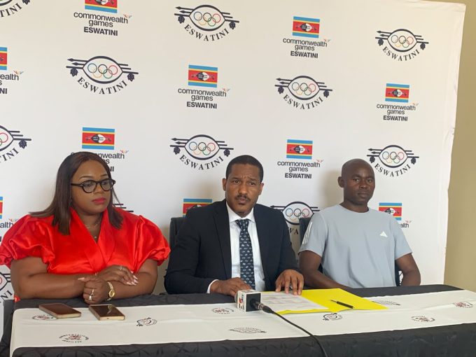 EOCGA Board Member Pearl Muir, CEO Maxwell Jele and Athletics Commission Chairperson Sibusiso ‘Swazibolt’ Matsenjwa during a press conference where the CEO announced Team Eswatini’s squad for the Dakar 2026 Youth Olympic Games.(Pic:Sanele Jele)