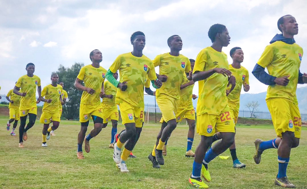 Captain Luyanda Nhlengetfwa is leading the players during a warm-up session at Lobamba Technical Centre. (Pic: Times of Eswatini)