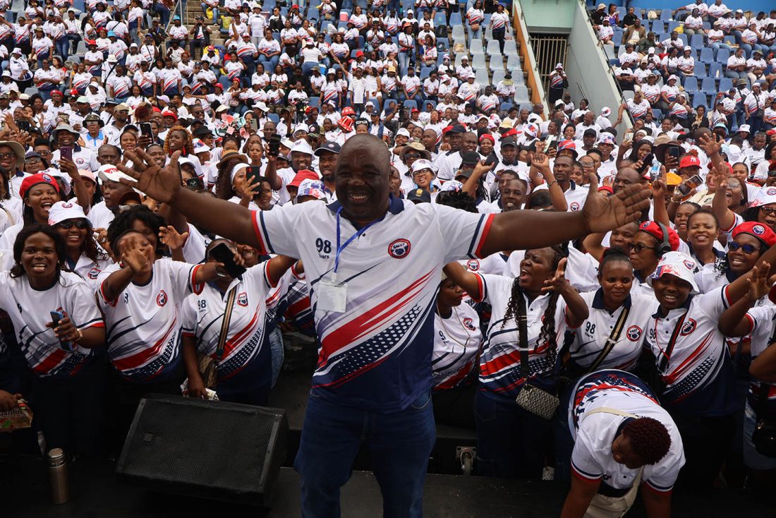 Minister for Education and Training Owen Nxumalo joins teachers on the dance floor after delivering his speech during the Teachers’ Day celebrations at Mavuso Sports Centre.